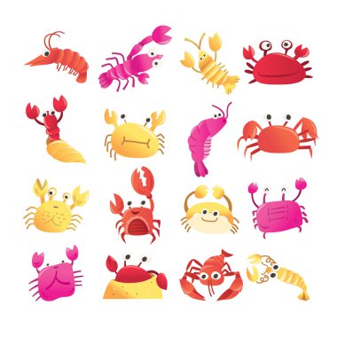 Farklı yengeçler, ıstakozlar ve şempanzelerin çizgi film çizimi..