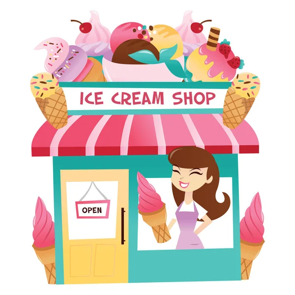 Cartoon Vector Illustration Ice Cream Shop Storekeeper Holding Pink Sundae — Stock Vector