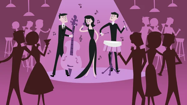 Escena del club de jazz retro moderno de mediados de siglo — Vector de stock