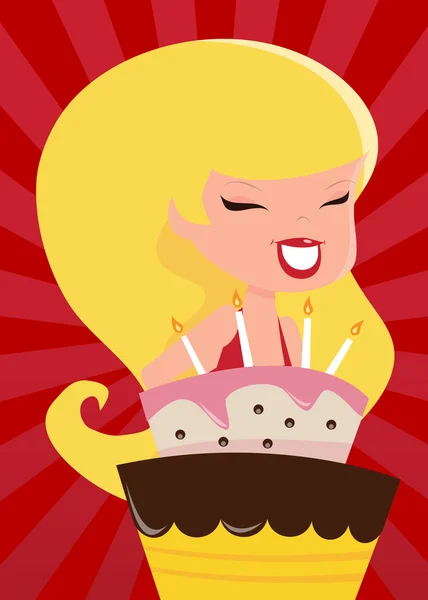 Joyeux rétro fille avec gâteau d'anniversaire — Image vectorielle