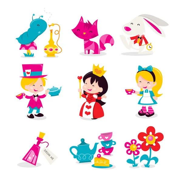 Whimsical Retro Alice In Wonderland Icons — Stock Vector