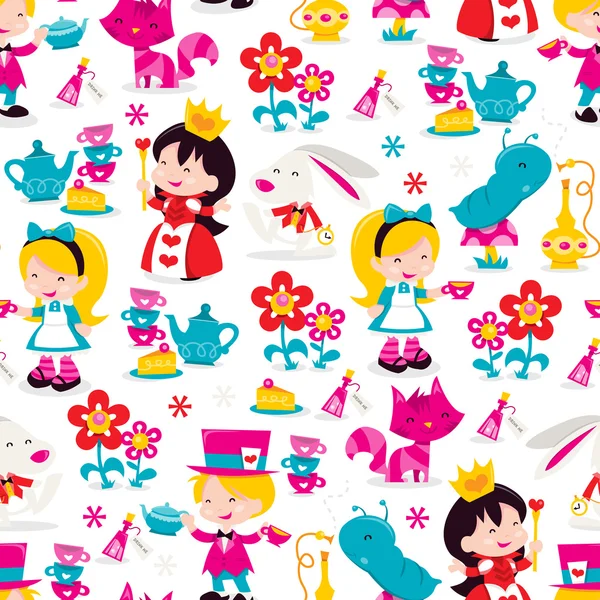 Whimsical Retro Alice no País das Maravilhas Padrão sem costura Fundo — Vetor de Stock