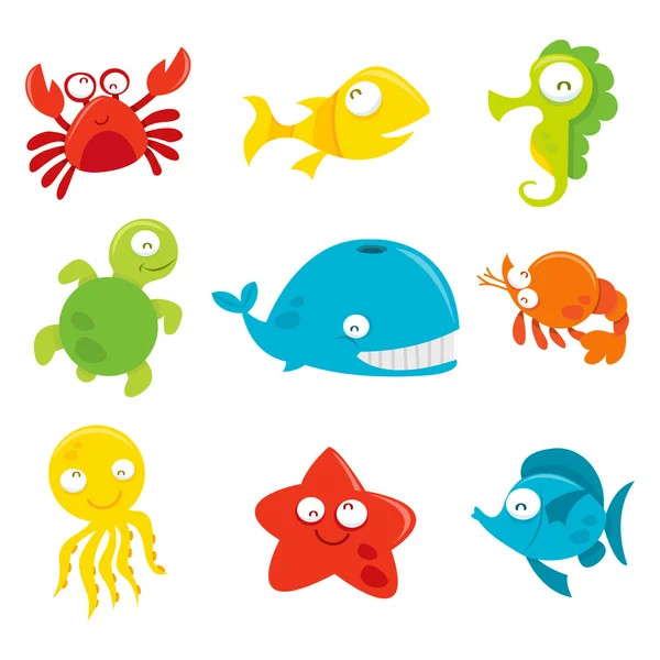 Happy Silly Cute Sea Animals Set — Stock Vector