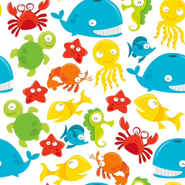 Happy Silly Cute Sea Animals Seamless Pattern Background — Stock Vector