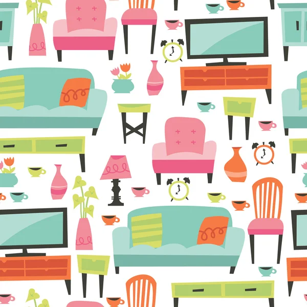 Retro Home Living Furniture Seamless Pattern Background — Stock Vector