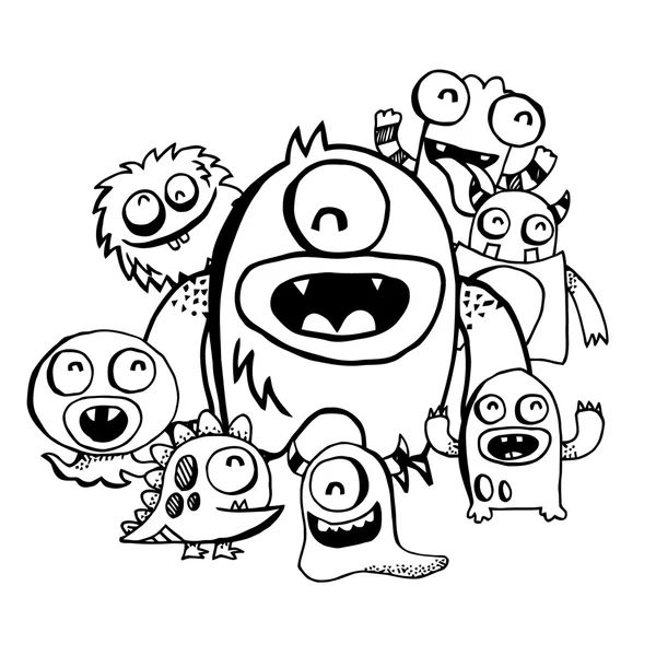 Happy Silly Cute Monsters Group Doodle — Stock Vector