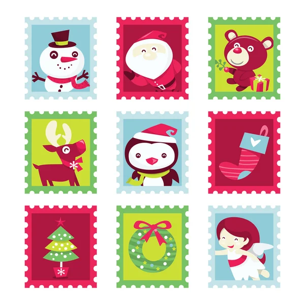 気まぐれな楽しいクリスマス切手 — ストックベクタ