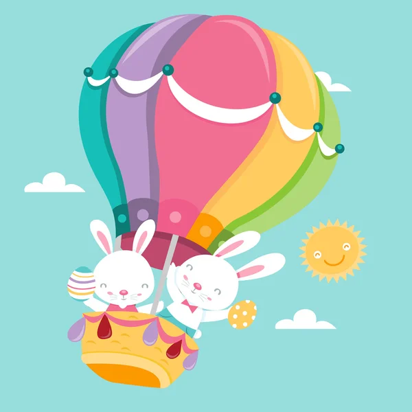 Super Cute Easter Bunnies Hot Air Balloon — Stock Vector
