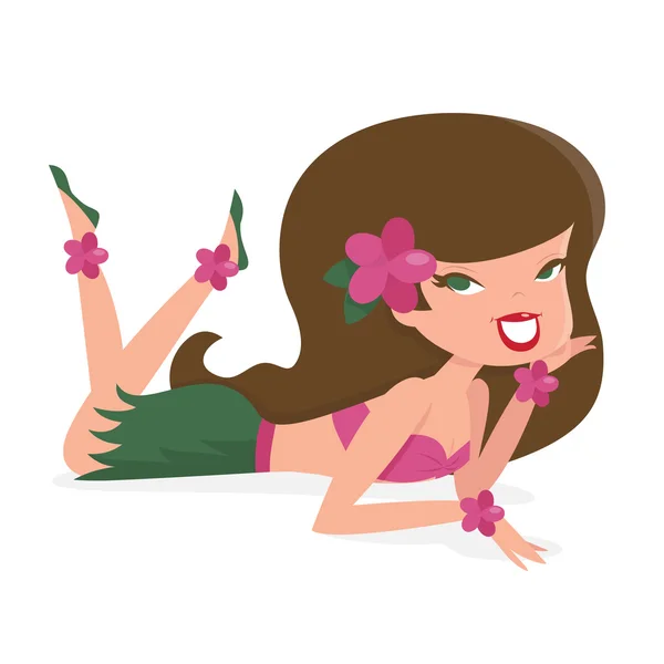 Cartoon Retro Pin Up Hawaiian Girl Lying Down — Stock Vector