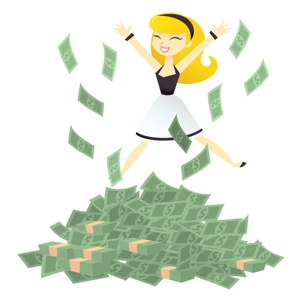 Cartoon-Frau springt auf einen Haufen Bargeld — Stockvektor