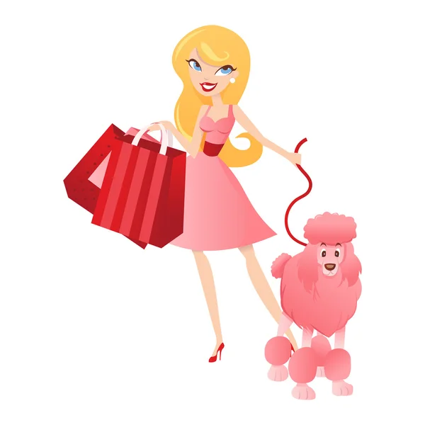 Shopping Girl Pink Poodle — Stock Vector