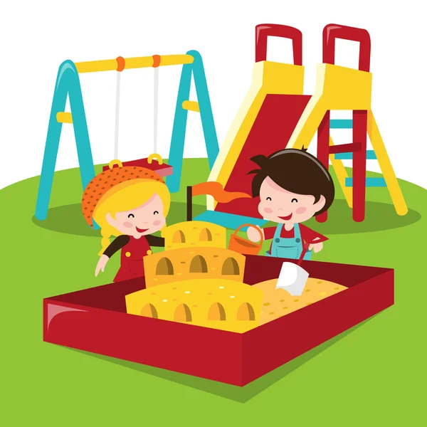 Kids At Outdoor Playground Sandpit — Stock Vector