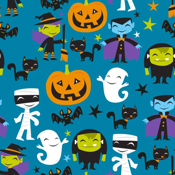 Jolly Halloween Monsters Seamless Pattern Background — Stock Vector