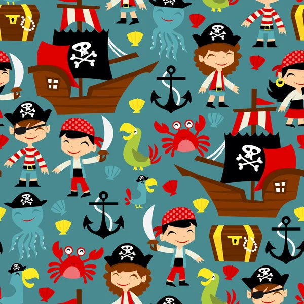 レトロな海賊冒険のシームレスなパターン背景 — ストックベクタ