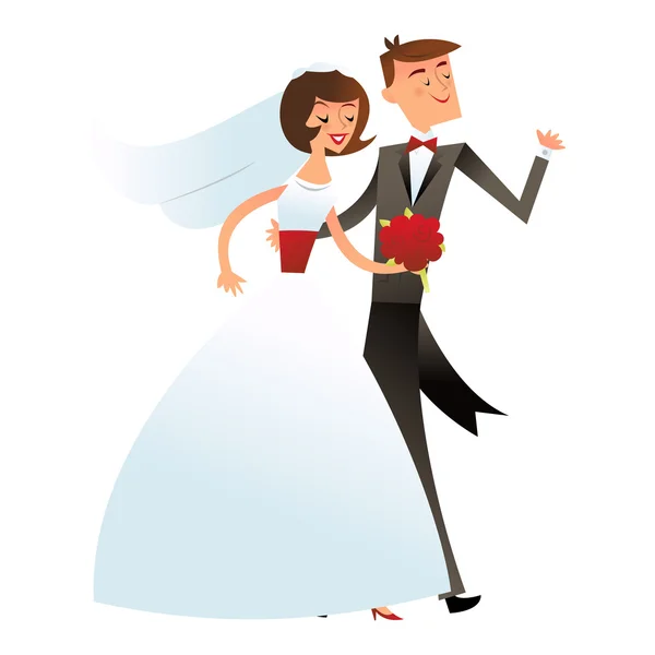 Retro Mid Century Modern Happy Wedding Couple — Stock Vector