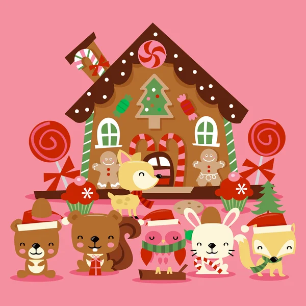 Navidad Woodland Creatures Casa de pan de jengibre — Vector de stock