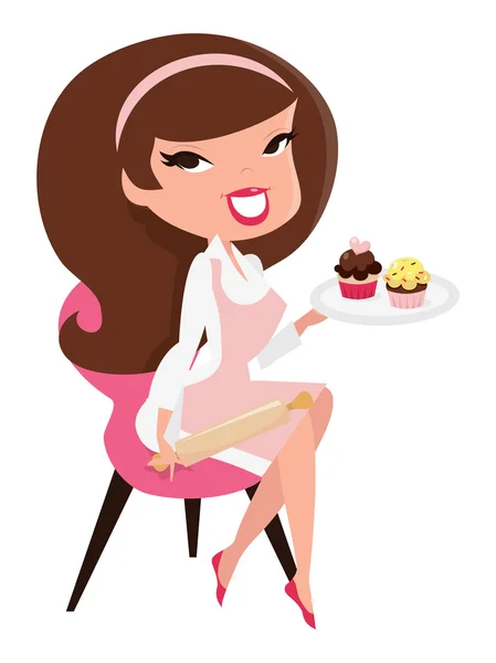 Dibujos animados retro pin hasta chica hornear cupcakes sentado — Vector de stock