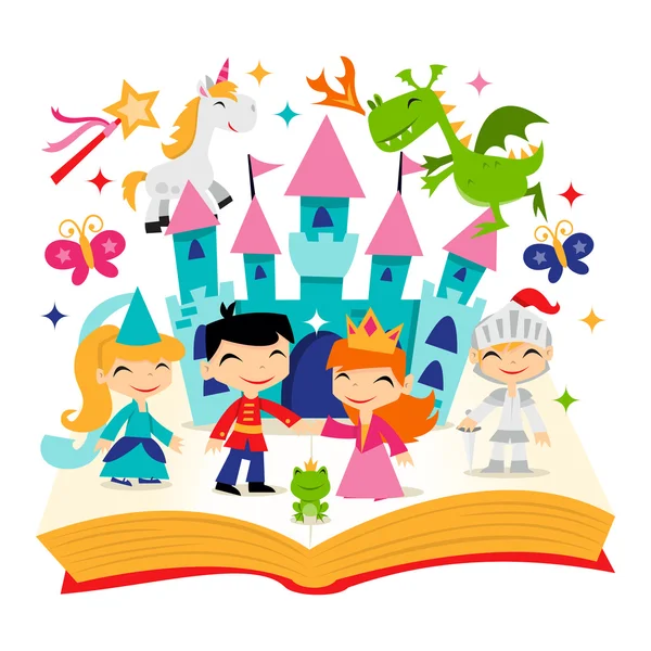 Libro de cuentos de hadas Retro Magical Kingdom Story — Vector de stock