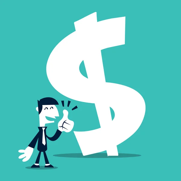 Retro Cartoon Business Man Thumbs Up At Money Sign — Stock Vector