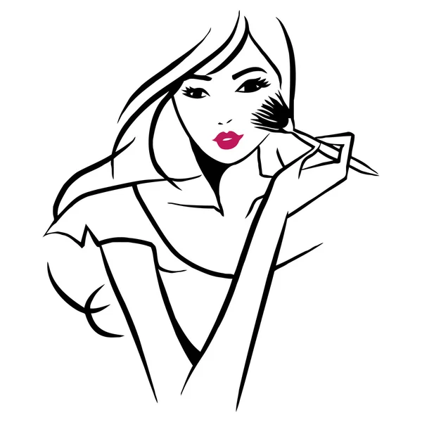 Vector Ink Line Art Beautiful Girl Applying Makeup — Stock Vector