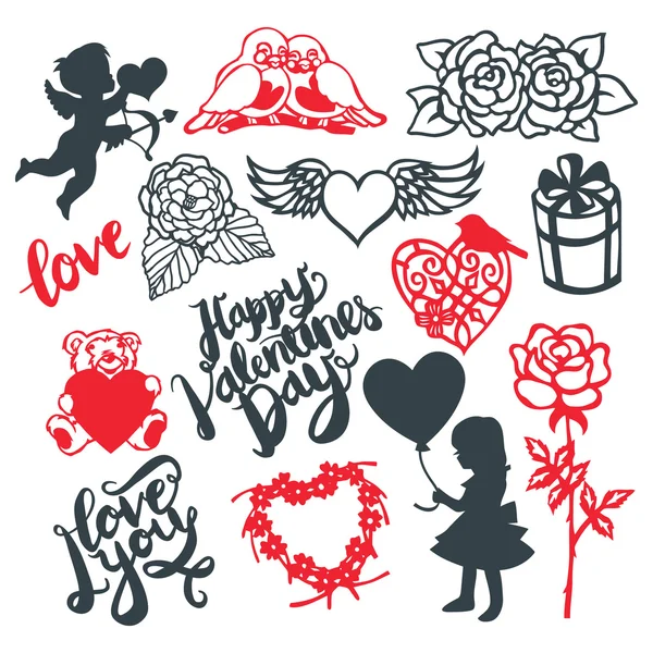 Aftelkalender voor Valentijnsdag silhouet Design elementen Set — Stockvector