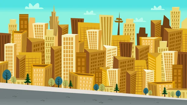 Αστικό τοπίο ημέρα κινουμένων σχεδίων στυλ με Kooky ουρανοξύστες — Διανυσματικό Αρχείο