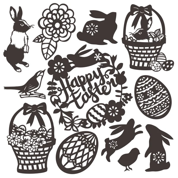 Set di silhouette Pasqua taglio carta vintage — Vettoriale Stock