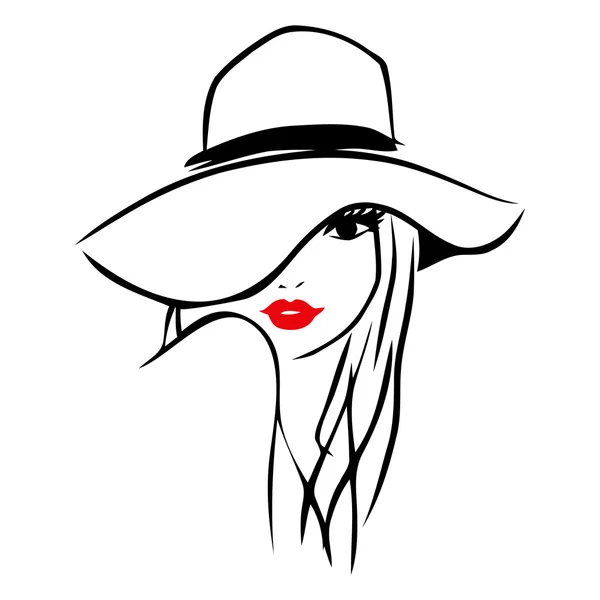 ベクトル インク線アート女性フロッピー帽子をかぶって — ストックベクタ