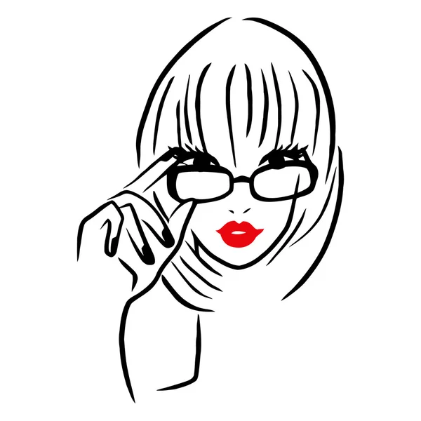 Vector Ink Line Art Lady Wearing Thick Rim Glasses — Stock Vector