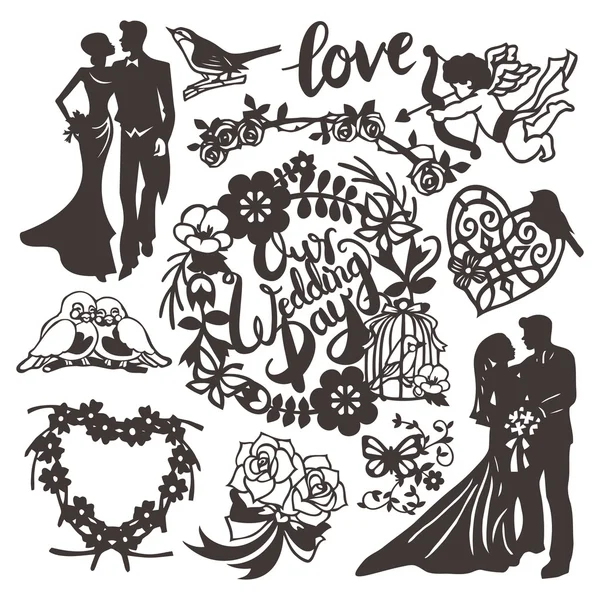 Vintage Paper Cut Wedding Silhouette Set — Stock Vector