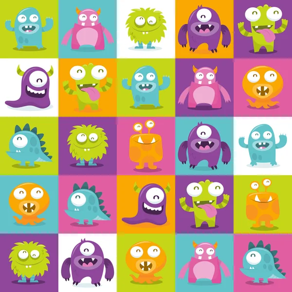 Feliz tonto lindo Monstruos azulejos patrón fondo — Vector de stock