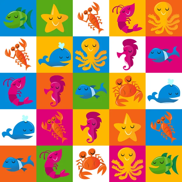 Happy Fun Cartoon Sea Creatures Tiles Pattern Background — Stock Vector