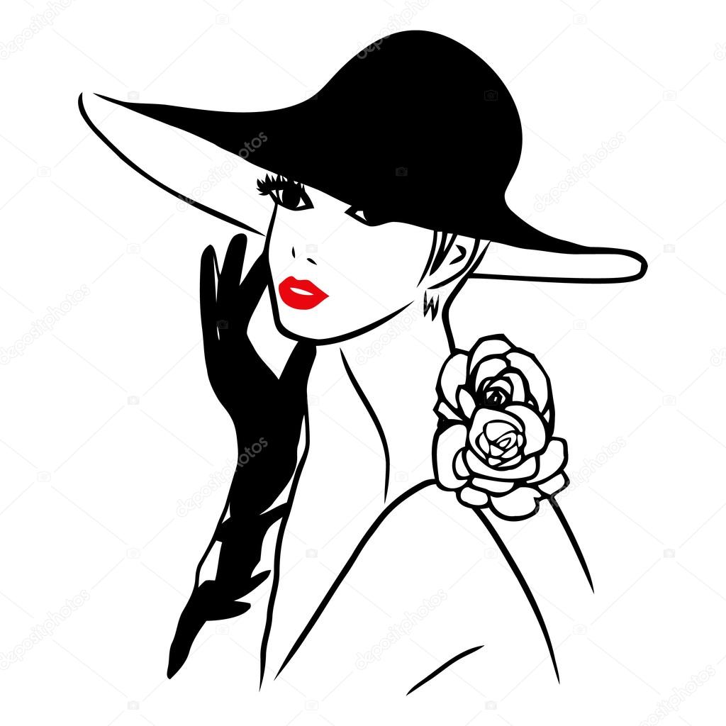 Vector Ink Line Art Lady Wearing Black Hat