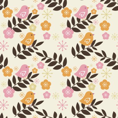 Retro kuş Cherry Blossom Seamless Modeli