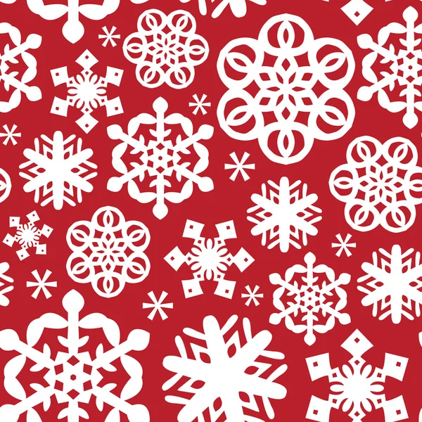 Copos de nieve blancos rojos sin costuras Patrón de fondo — Vector de stock