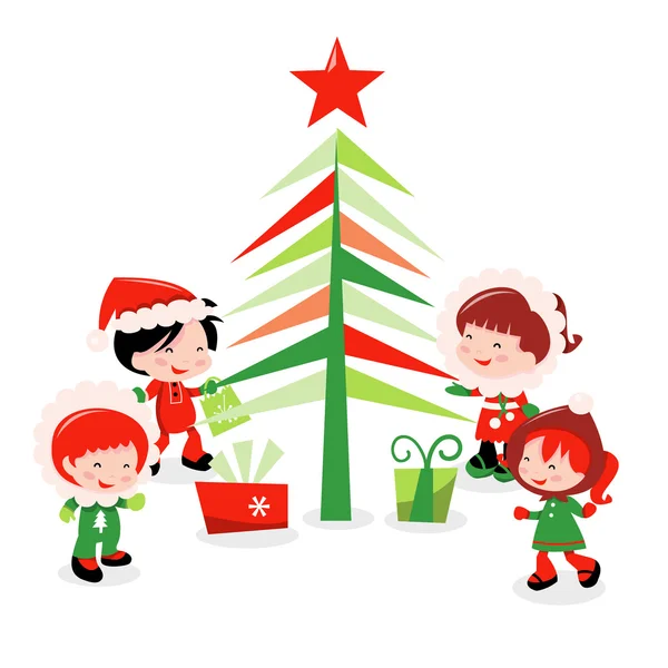 Árbol de Navidad y lindos niños de invierno — Vector de stock