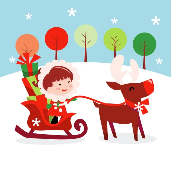 Natale bambina equitazione slitta con regali — Vettoriale Stock