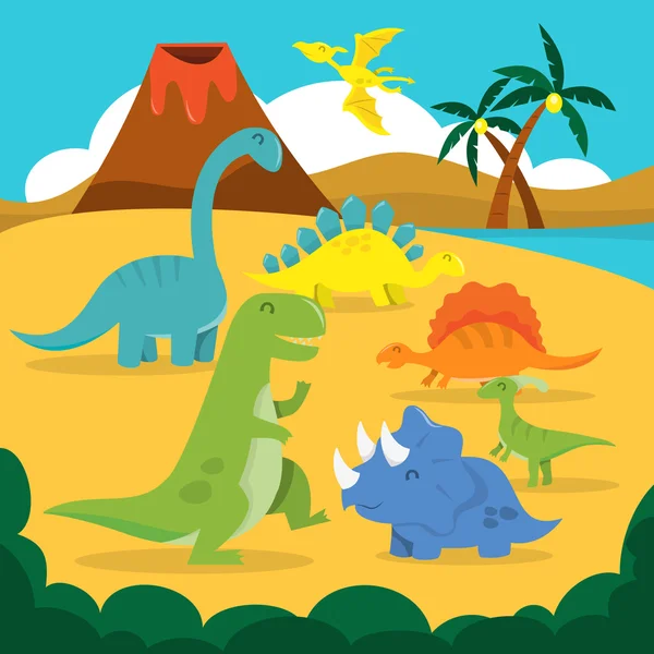 Tierra prehistórica de dibujos animados de dinosaurios — Vector de stock