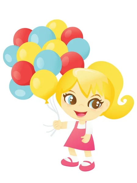 Chica feliz con un montón de globos — Vector de stock