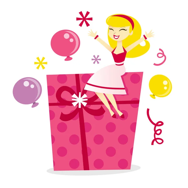 Rétro surprise cadeau et ballons fille — Image vectorielle