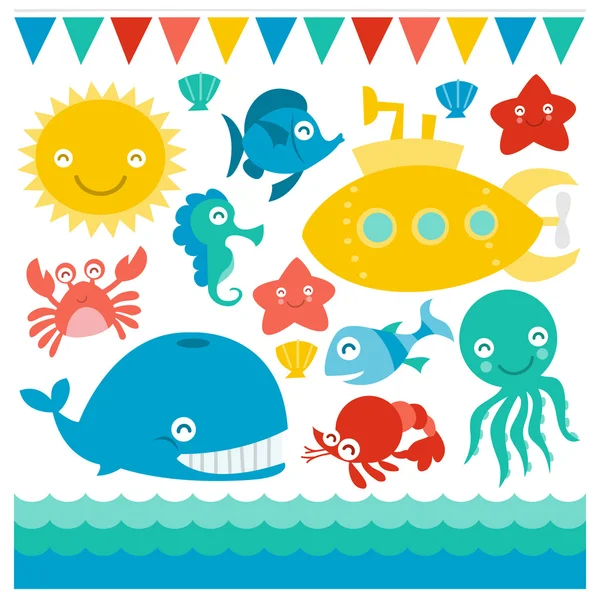 潜艇和海洋生物 — 图库矢量图片