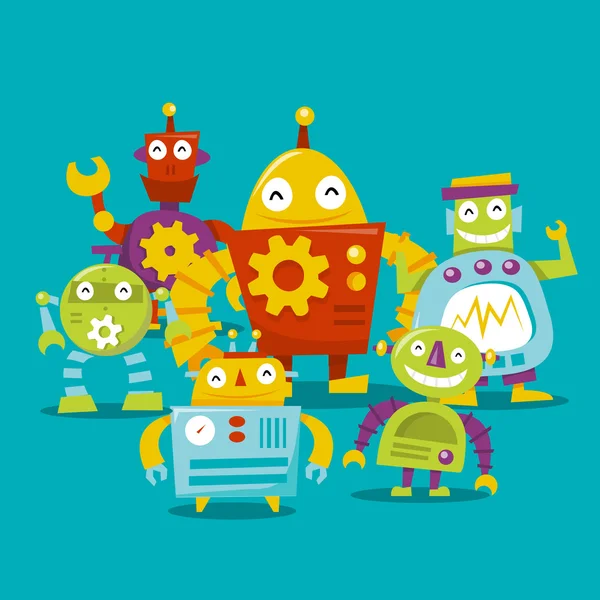 Retrato de família de robôs retro feliz —  Vetores de Stock