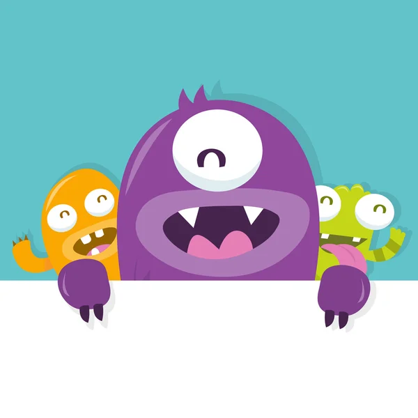 Happy Silly Cute Monsters Peekaboo Sign — Stock Vector