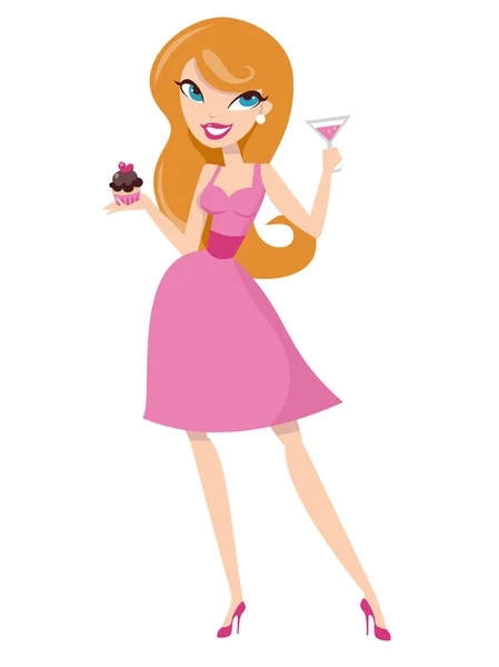 Happy Cocktail and Cupcake Girl — Stock Vector