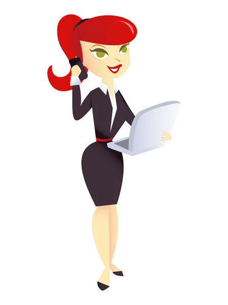 Cartoon carrière femme avec ordinateur portable et téléphone portable — Image vectorielle