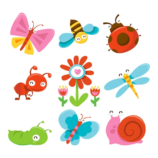 Feliz Jardín Dulce Bugs iconos — Vector de stock