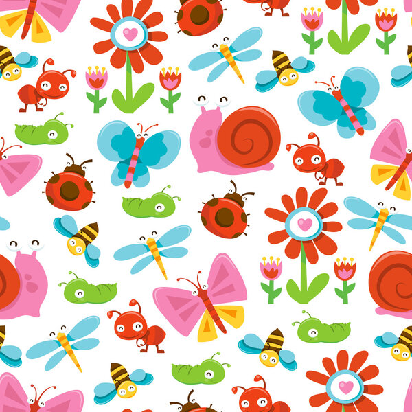 Happy Sweet Garden Bugs Seamless Pattern Background