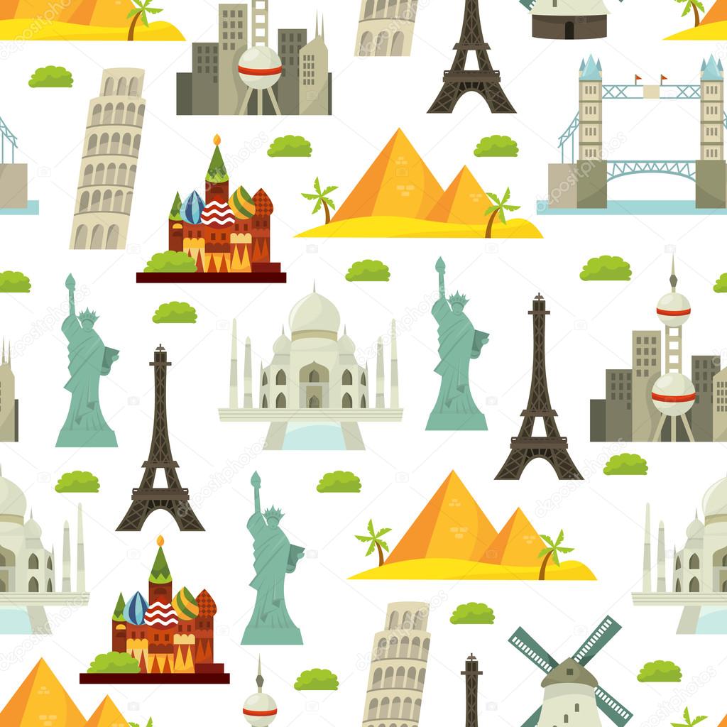 World Iconic Landmarks Seamless Pattern Background