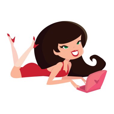 Çizgi film Retro Pinup kız dizüstü bilgisayar ile