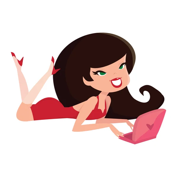 Cartoon Retro Pinup meisje met Laptop — Stockvector